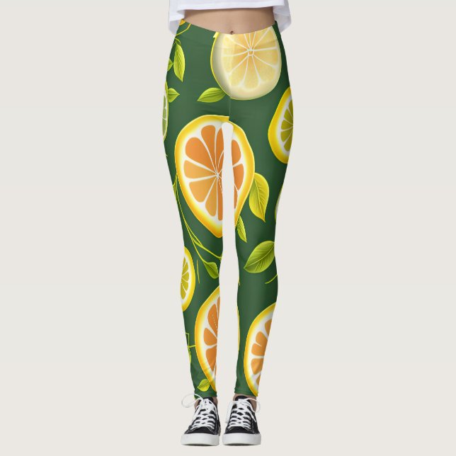 Leggings Patrón de acuarela verde del cítrico limón (Anverso)