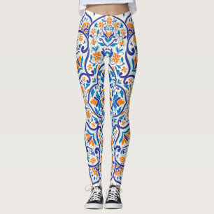 Leggings Patrón de adorno azul Naranja de lujo