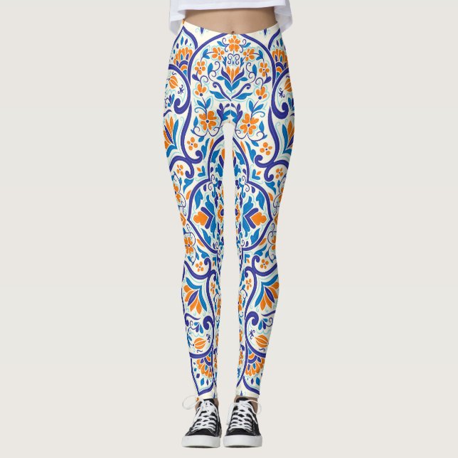 Leggings Patrón de adorno azul Naranja de lujo (Anverso)