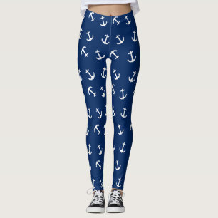Leggings Patrón de ancla náutica lindo sobre azul marino