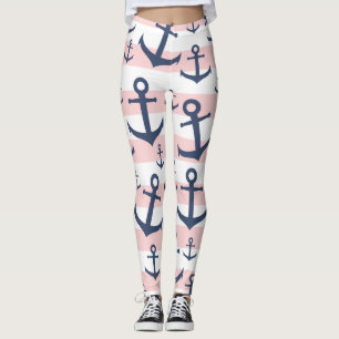 Leggings Patrón de anclaje azul marino de banda rosa náut