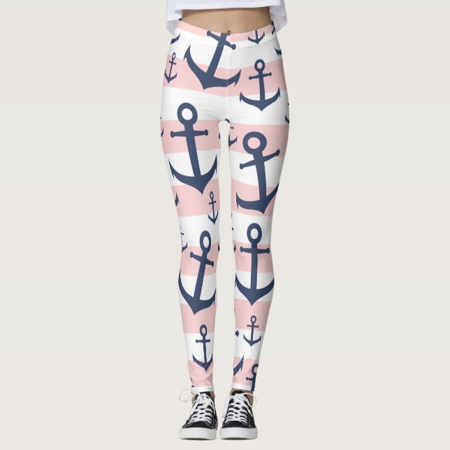 Leggings Patrón de anclaje azul marino de banda rosa náutic (Anverso)
