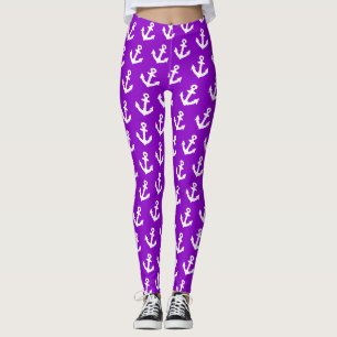 Leggings Patrón de anclas vintage náuticas sobre el púrpura