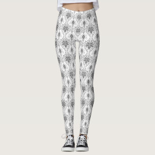 Leggings Patrón de apertura de Damasco blanco y gris