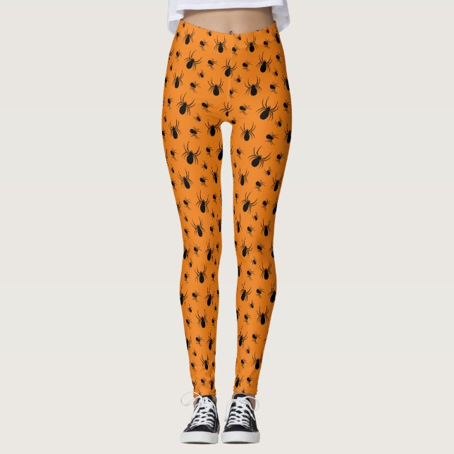 Leggings Patrón de arañas de Halloween Negro y Naranja (Anverso)