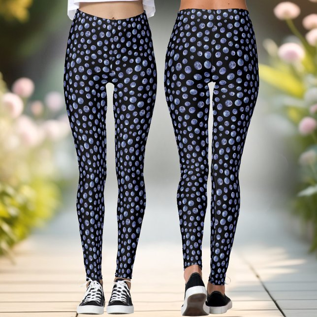 Leggings Patrón de arándano azul Negro verano Leggencias (Blueberry Pattern Blue Black Summer Leggings)