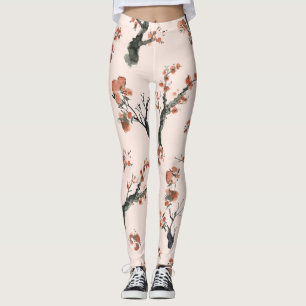 Leggings Patrón de Árbol de cerezo floral de color acuático