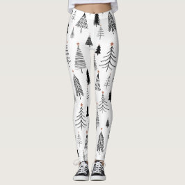Leggings Patrón de árbol de Navidad blanco negro