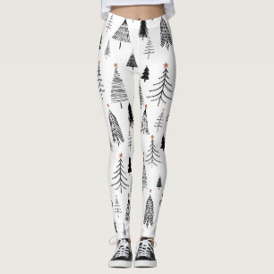 Leggings Patrón de árbol de Navidad blanco negro
