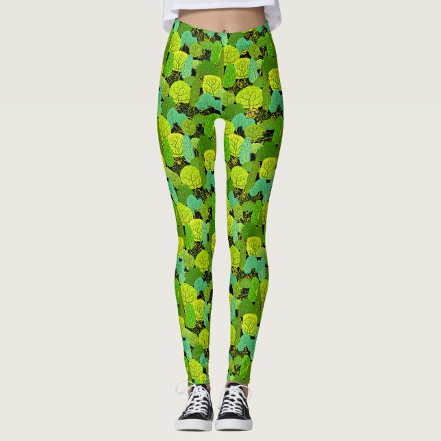 Leggings Patrón de árboles verdes 01.b. Black BG (Anverso)