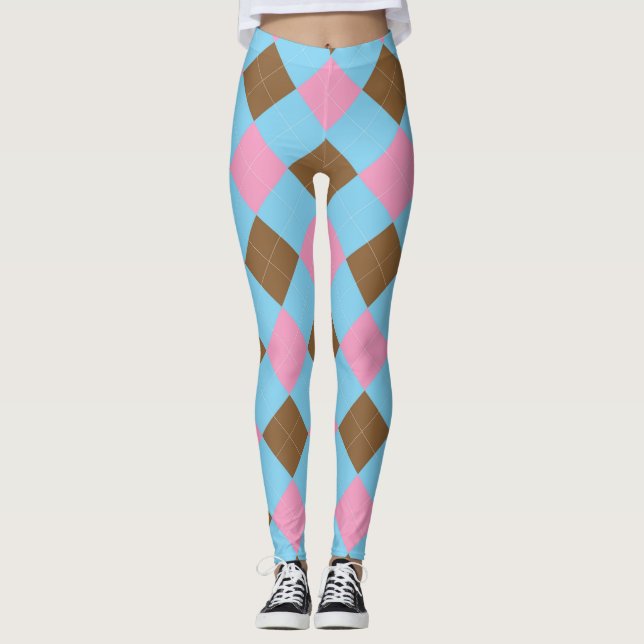 Leggings Patrón de argyle azul marrón y rosa (Anverso)