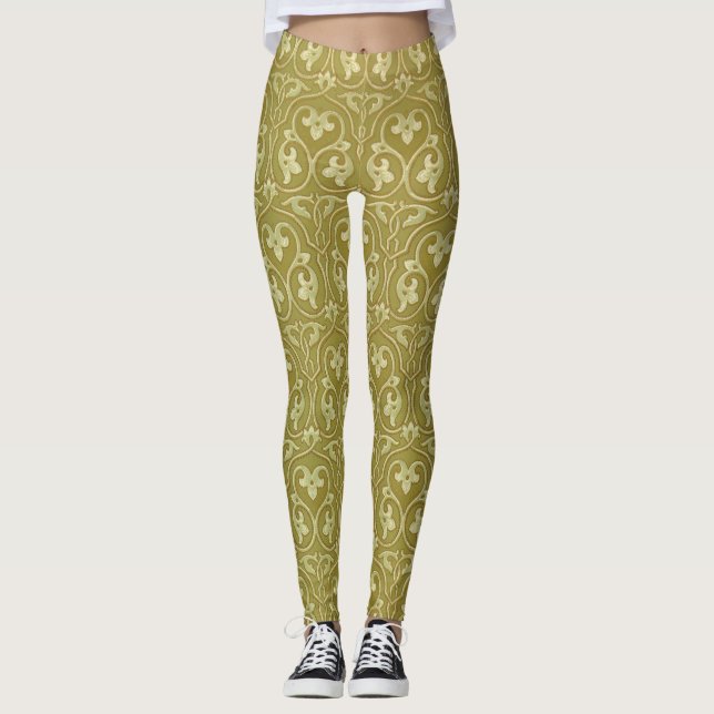 Leggings Patrón de Art Nouveau verde sabio y oro (Anverso)