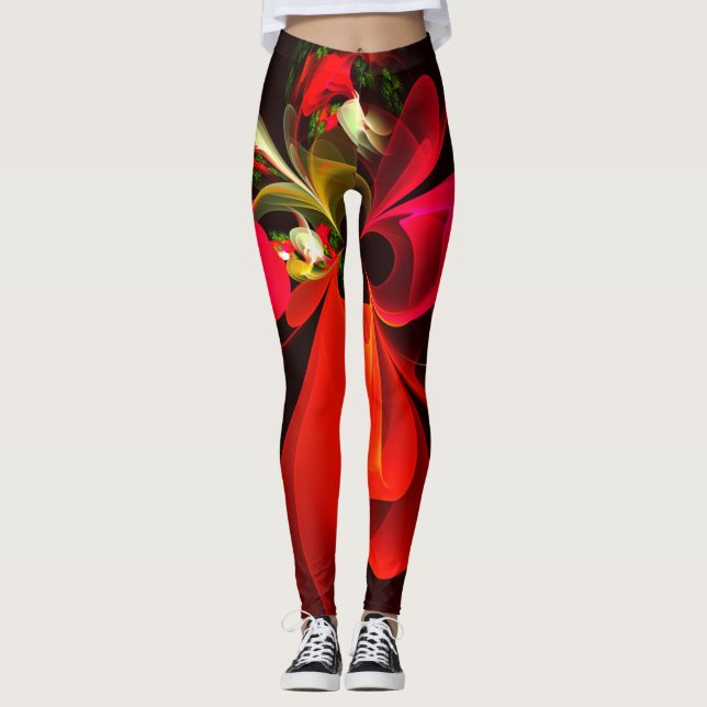 Leggings Patrón de arte abstracto rojo verde floral moderno (Anverso)