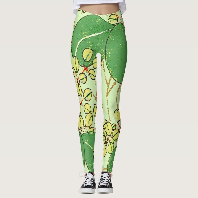 Leggings Patrón de arte botánico floral de hoja japonesa (Anverso)