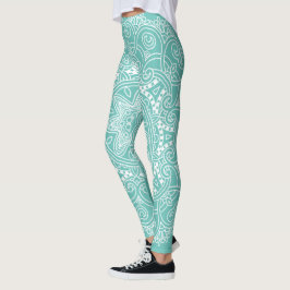 Leggings Patrón de arte de Mandala blanca sobre verde azul