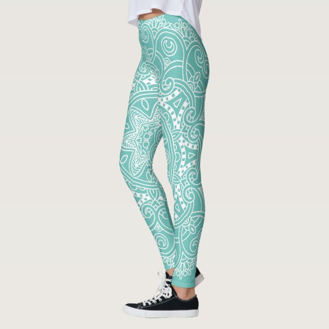 Leggings Patrón de arte de Mandala blanca sobre verde azul  (Izquierda)