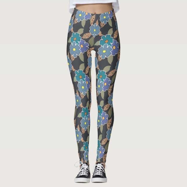 Leggings Patrón de arte floral con flores de perwinkle (Anverso)