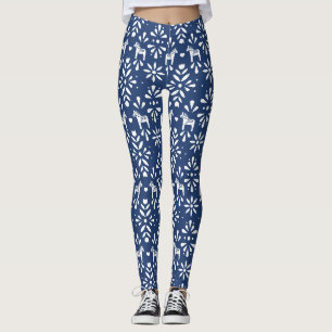 Leggings Patrón de arte folclórico del caballo de Dala azul