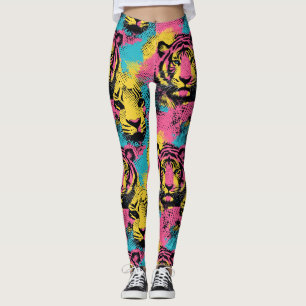 Leggings Patrón de arte pop del tigre en rosa, amarillo y a