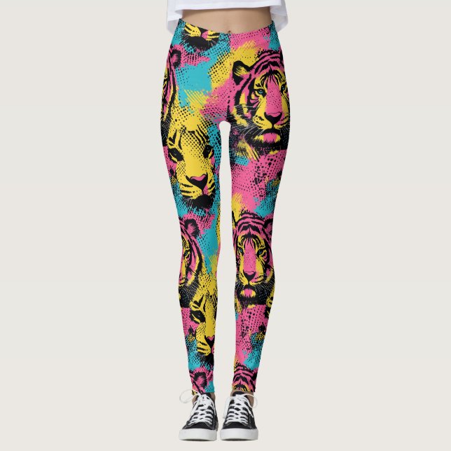 Leggings Patrón de arte pop del tigre en rosa, amarillo y a (Anverso)