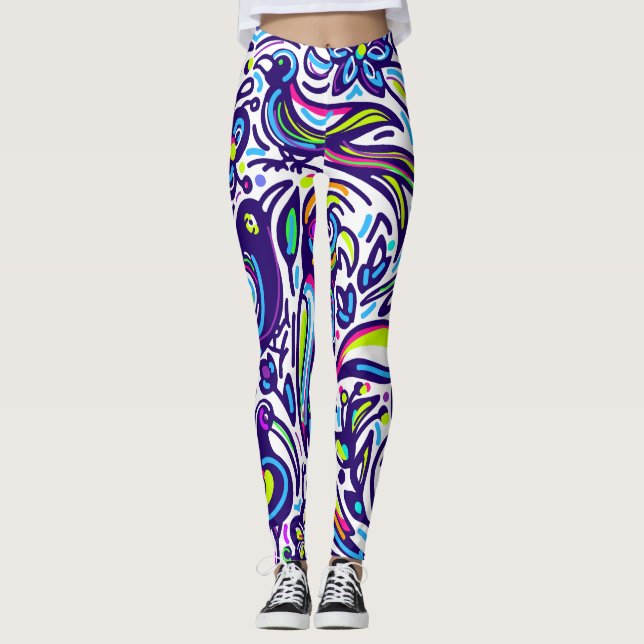 Leggings Patrón de aves Boho l Elegante Azul y blanco (Anverso)