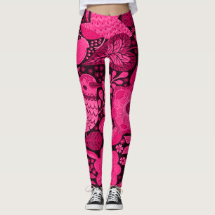 Leggings Patrón De Aves Y Flores Rosa Cutas