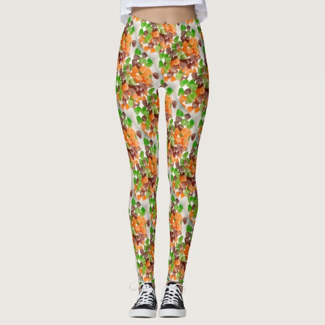 Leggings patrón de azúcar rojizo de chicle verde naranja (Anverso)