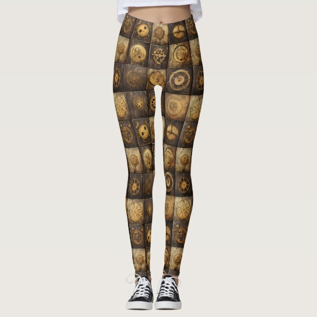 Leggings Patrón de baldosas de engranajes mecánicos Steampu (Anverso)