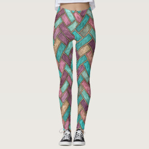 Leggings Patrón de baldosas en espina de arenque azul verdo