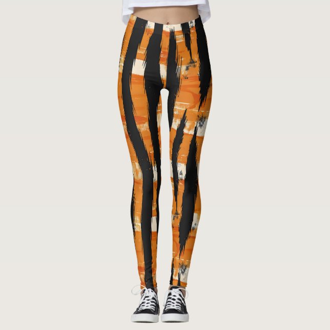 Leggings Patrón de banda de Naranja negro (Anverso)