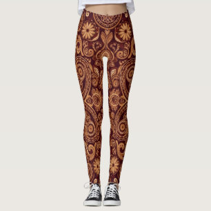 Leggings Patrón de bordado de paisley de margarita granate