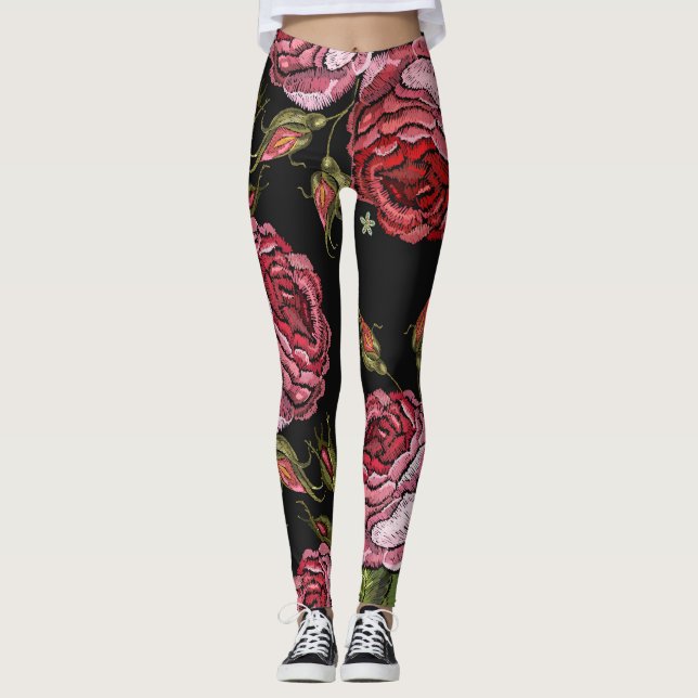 Leggings Patrón de bordado rosa rojo vintage (Anverso)