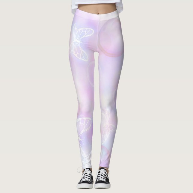 Leggings Patrón de brillo de mariposa rosa suave (Anverso)