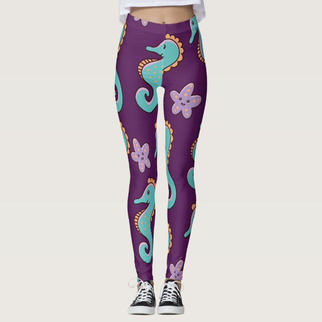 Leggings Patrón de caballito de mar náutico vintage (Anverso)