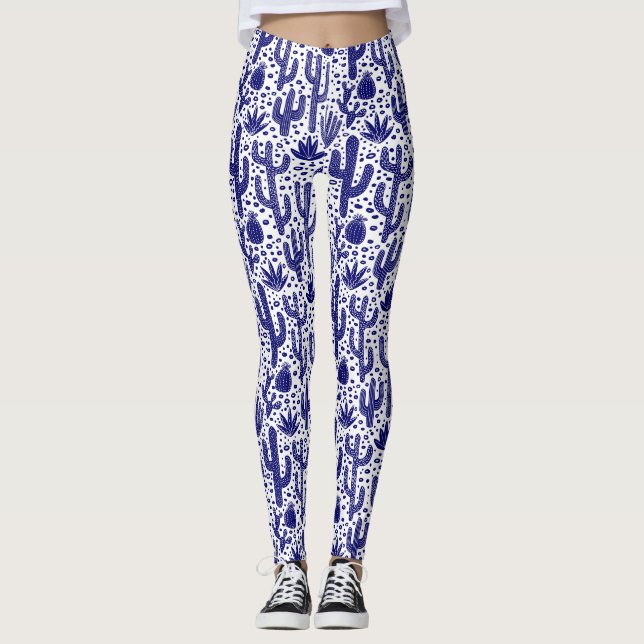 Leggings Patrón de cactus - azul oscuro y blanco (Anverso)