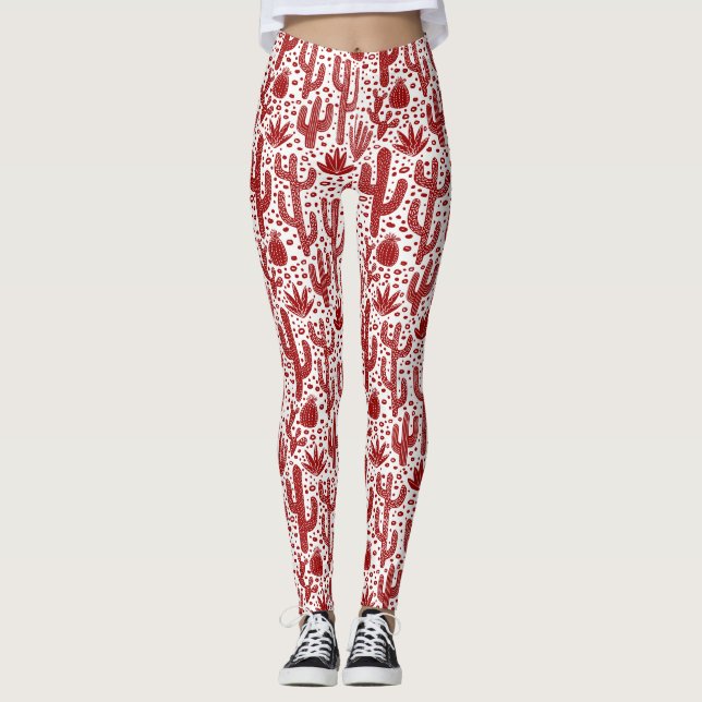 Leggings Patrón de cactus - rojo y blanco ruby (Anverso)