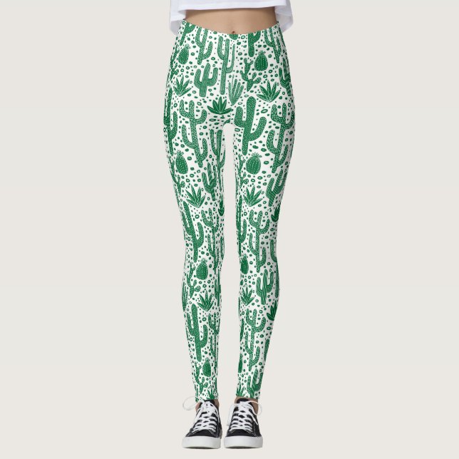 Leggings Patrón de cactus - Verde y Blanco del bosque (Anverso)