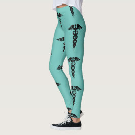 Leggings Patrón de Caduceus Médico de Enfermería Verde azul
