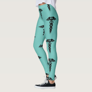 Leggings Patrón de Caduceus Médico de Enfermería Verde azul