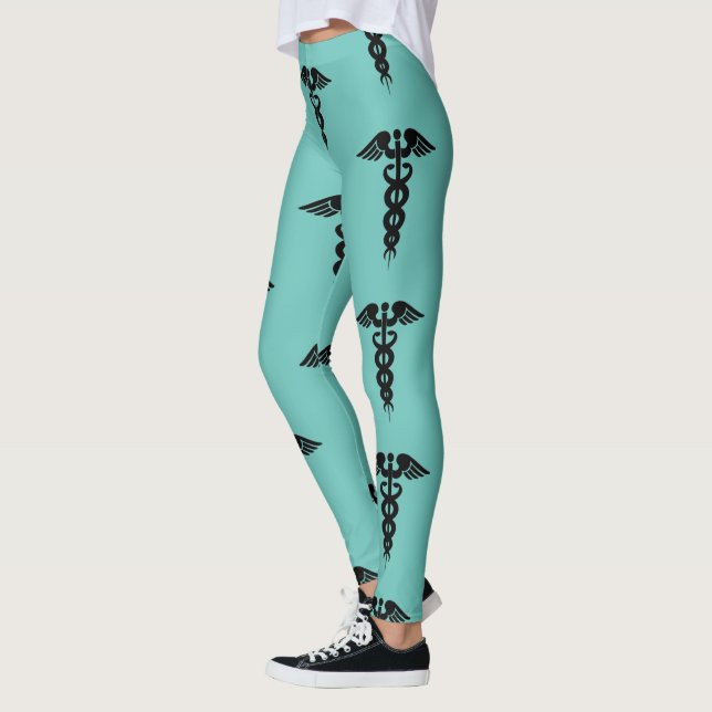 Leggings Patrón de Caduceus Médico de Enfermería Verde azul (Izquierda)