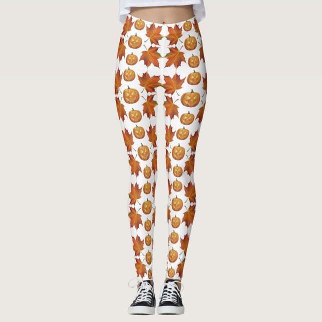 Leggings Patrón de calabaza de Halloween y hojas de otoño (Anverso)