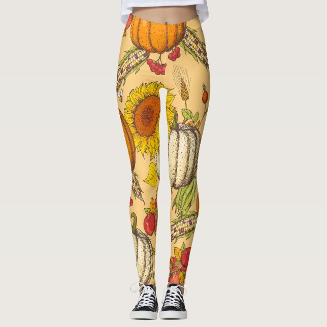 Leggings Patrón de calabaza y hojas de arce. (Anverso)