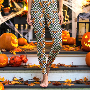 Leggings Patrón de calabazas de cereza en tablero de ajedre