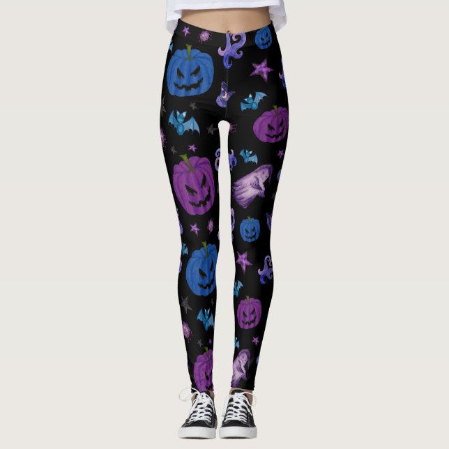 Leggings Patrón de calabazas espeluznantes de Halloween Fon (Anverso)