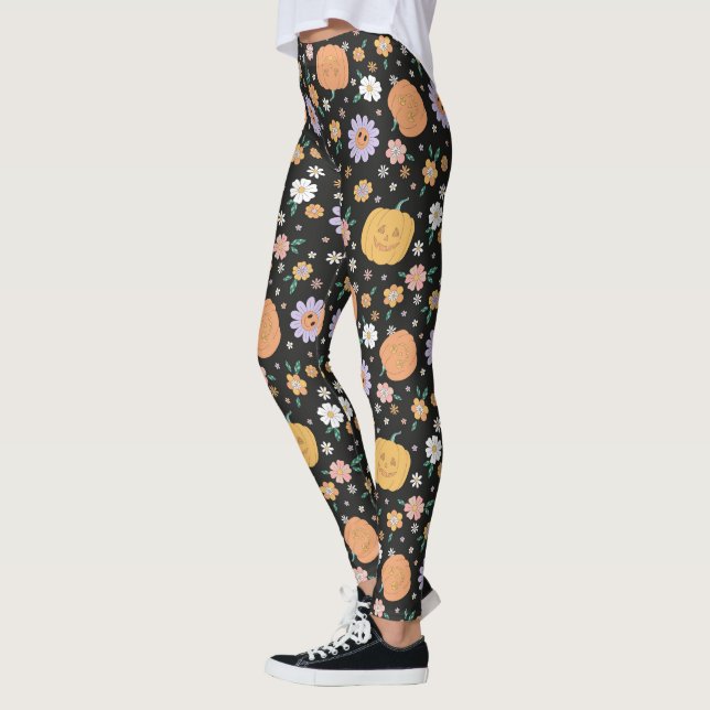 Leggings Patrón de calabazas y flores de Halloween retro (Izquierda)