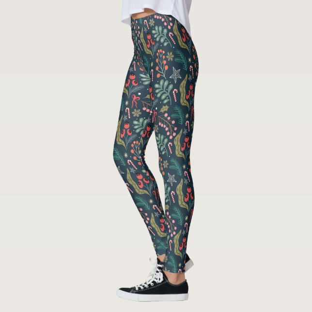 Leggings Patrón de caña de vándalo y holly festivo (Izquierda)