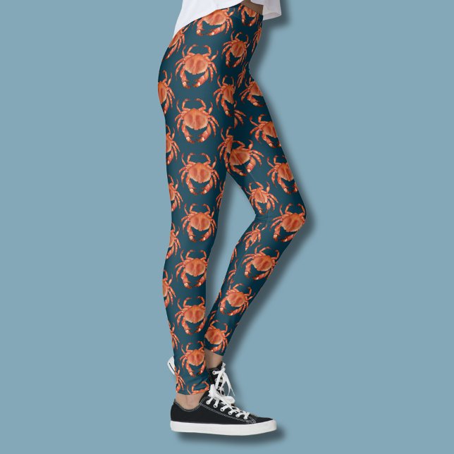 Leggings Patrón de cangrejo costero (Brown crab coastal crustacean legging on blue)