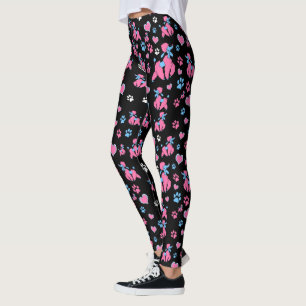 Leggings Patrón de Caniche Rosa y Azul sobre Fondo Negro