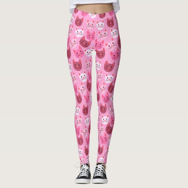 Leggings Patrón de cara de gato de gatos recortado rosa (Anverso)