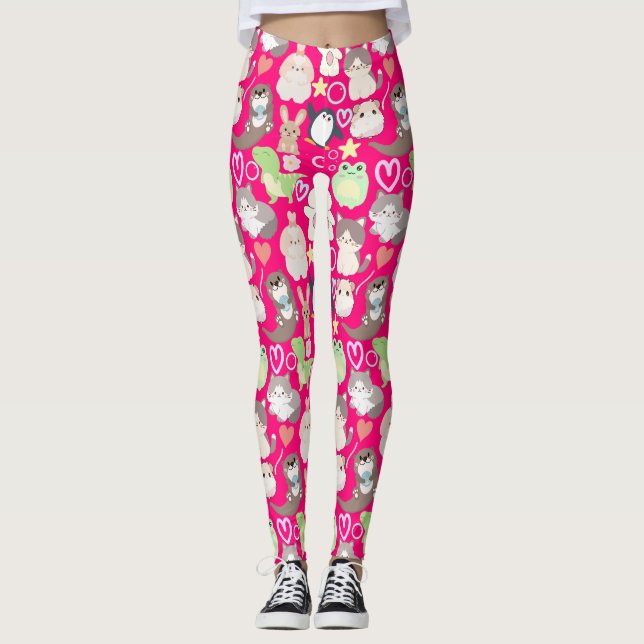 Leggings Patrón de caracteres de dibujos animados B Rosa BG (Anverso)